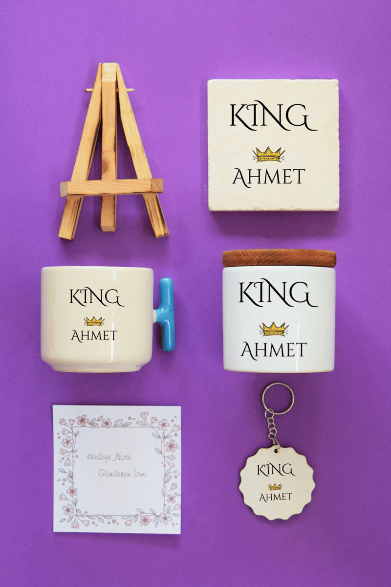 King Hediye Kutusu - Kişiye Özel T Kupa, Seramik Kalemlik, Dekoratif Taş İsimlik, Güneş Anahtarlık