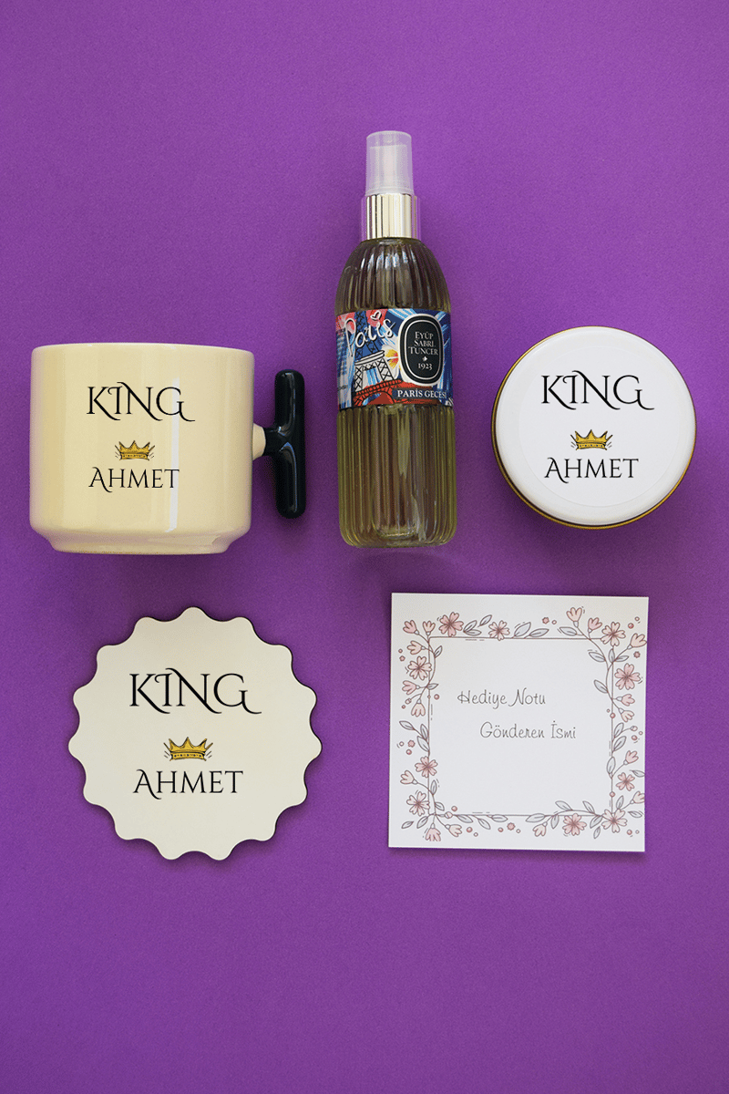 King Hediye Kutusu - Kişiye Özel T Kupa, Kolonya, Bardak Altlığı, Mum