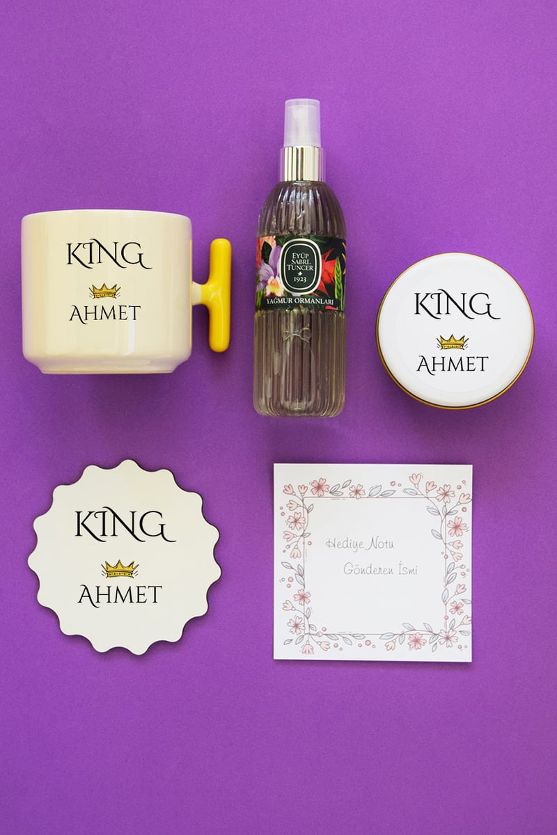 King Hediye Kutusu - Kişiye Özel T Kupa, Kolonya, Bardak Altlığı, Mum
