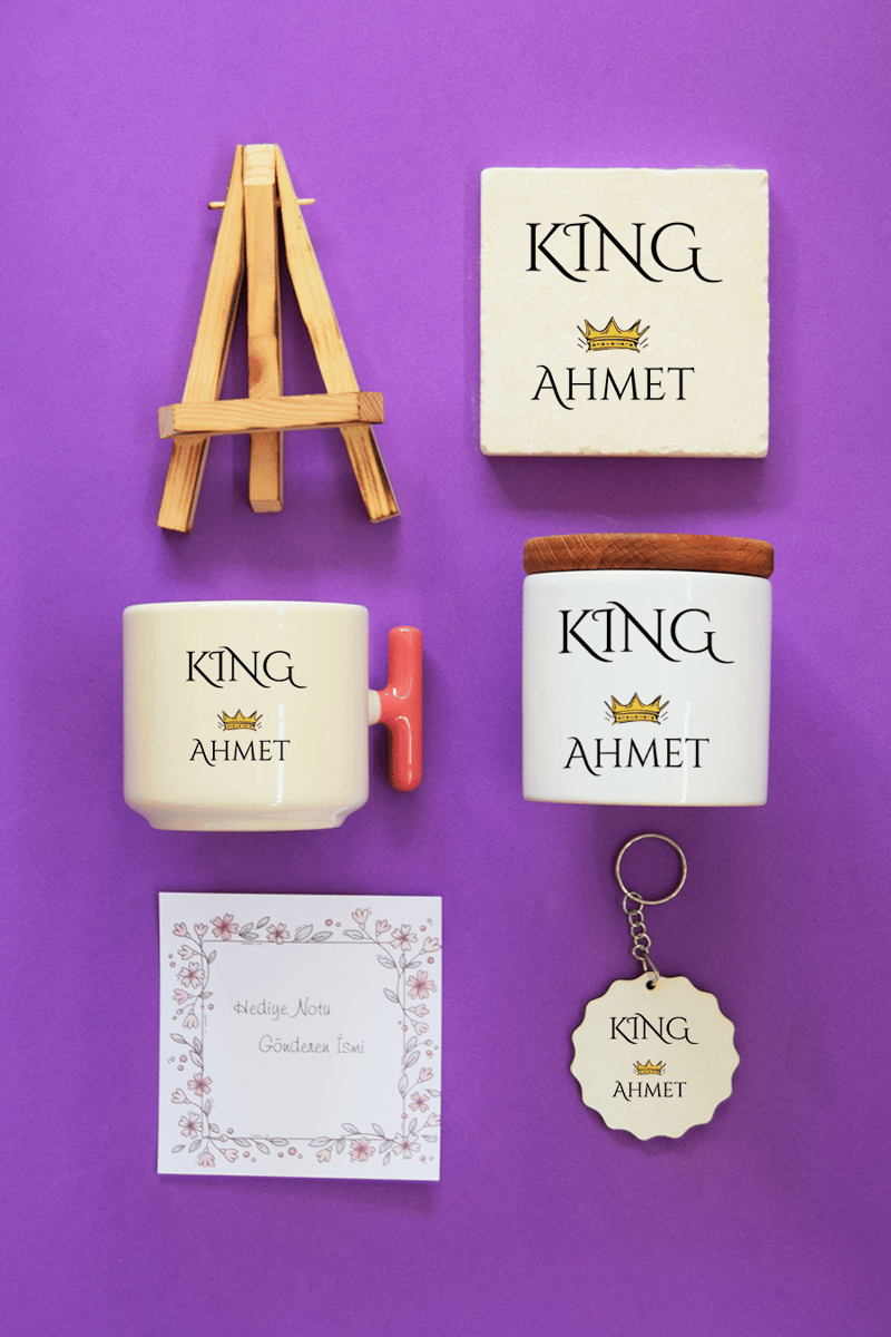 King Hediye Kutusu - Kişiye Özel T Kupa, Seramik Kalemlik, Dekoratif Taş İsimlik, Güneş Anahtarlık