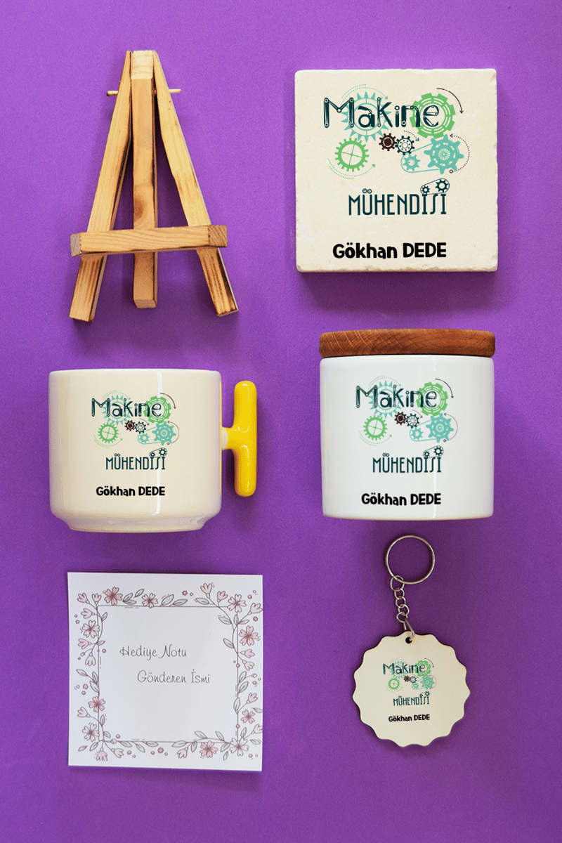 Makine Mühendisi Hediye Kutusu - Kişiye Özel T Kupa, Seramik Kalemlik, Dekoratif Taş İsimlik, Güneş Anahtarlık