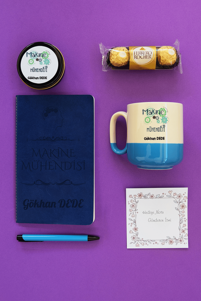 Makine Mühendisi Hediye Kutusu - Kişiye Özel Pro Kupa, Defter, Mum, Çikolata Ferrero Rocher 3'lü, Kalem