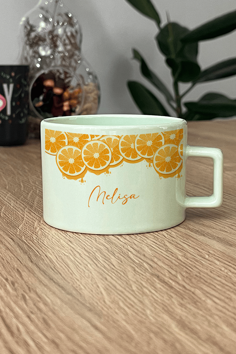 Portakal Desenli Kişiye Özel Lüks Pastel Fincan