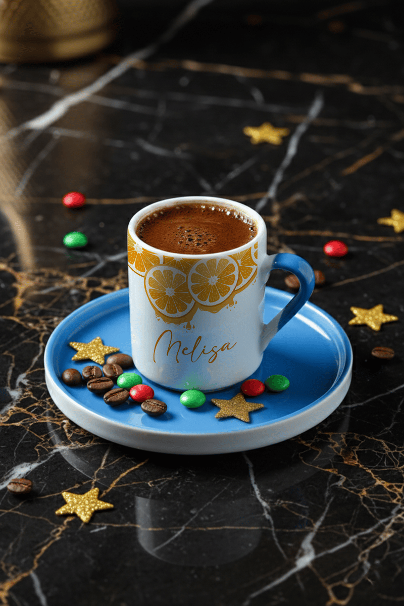 Portakal Desenli Kişiye Özel Türk Kahvesi Fincanı