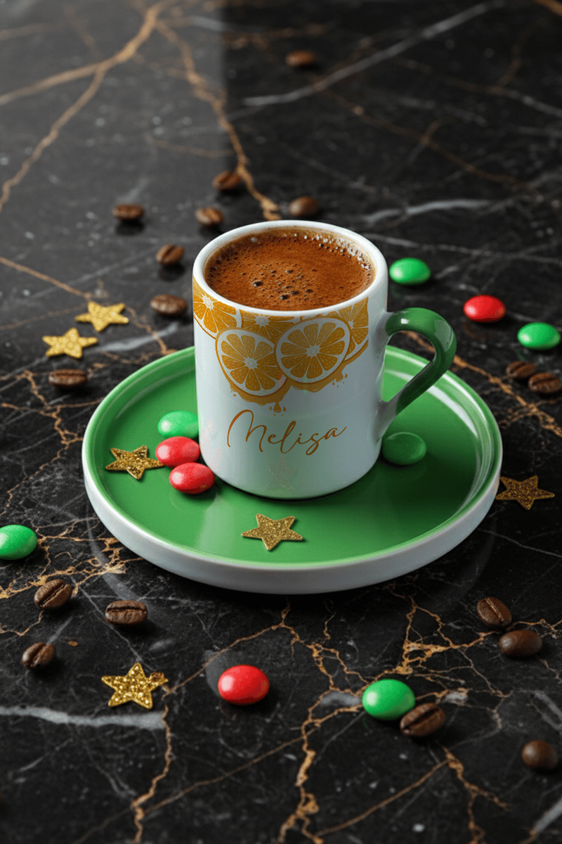 Portakal Desenli Kişiye Özel Türk Kahvesi Fincanı