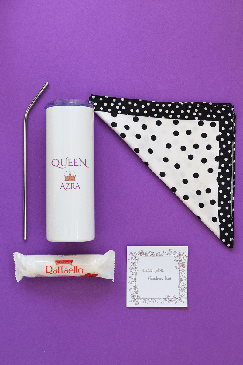 Queen Hediye Kutusu - Kişiye Özel Pipetli Çelik Termos, Fular, Çikolata Ferrero Rocher Raffaello