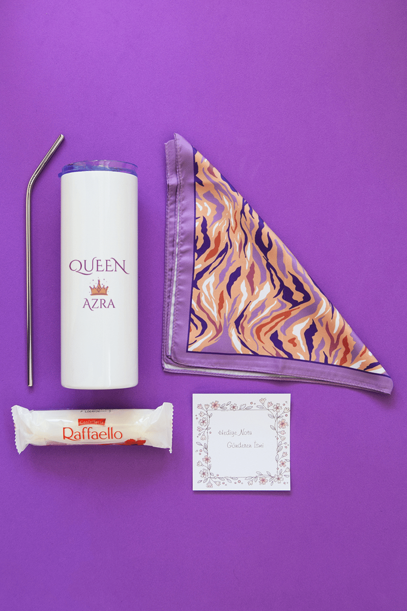 Queen Hediye Kutusu - Kişiye Özel Pipetli Çelik Termos, Fular, Çikolata Ferrero Rocher Raffaello