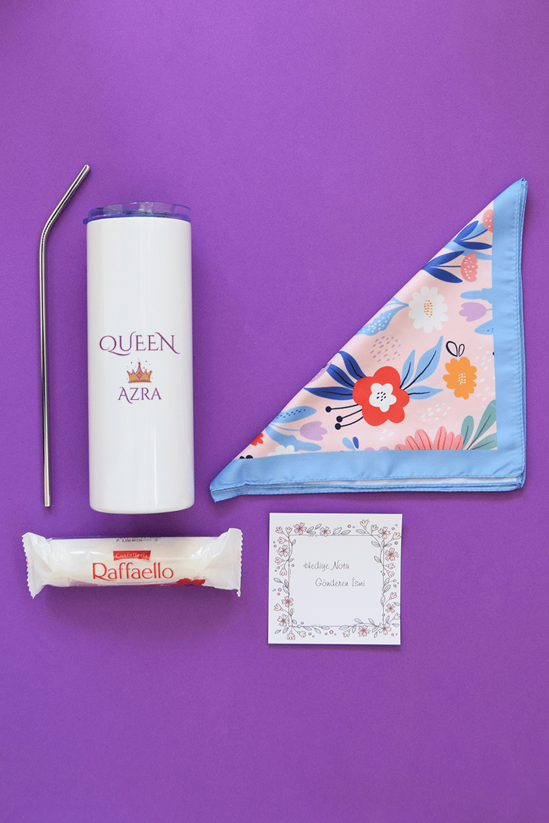 Queen Hediye Kutusu - Kişiye Özel Pipetli Çelik Termos, Fular, Çikolata Ferrero Rocher Raffaello