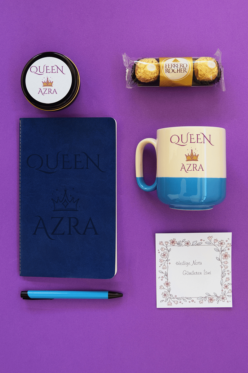 Queen Hediye Kutusu - Kişiye Özel Pro Kupa, Defter, Mum, Çikolata Ferrero Rocher 3'lü, Kalem