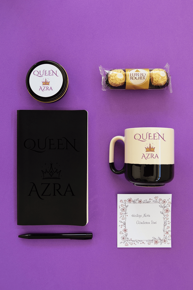 Queen Hediye Kutusu - Kişiye Özel Pro Kupa, Defter, Mum, Çikolata Ferrero Rocher 3'lü, Kalem