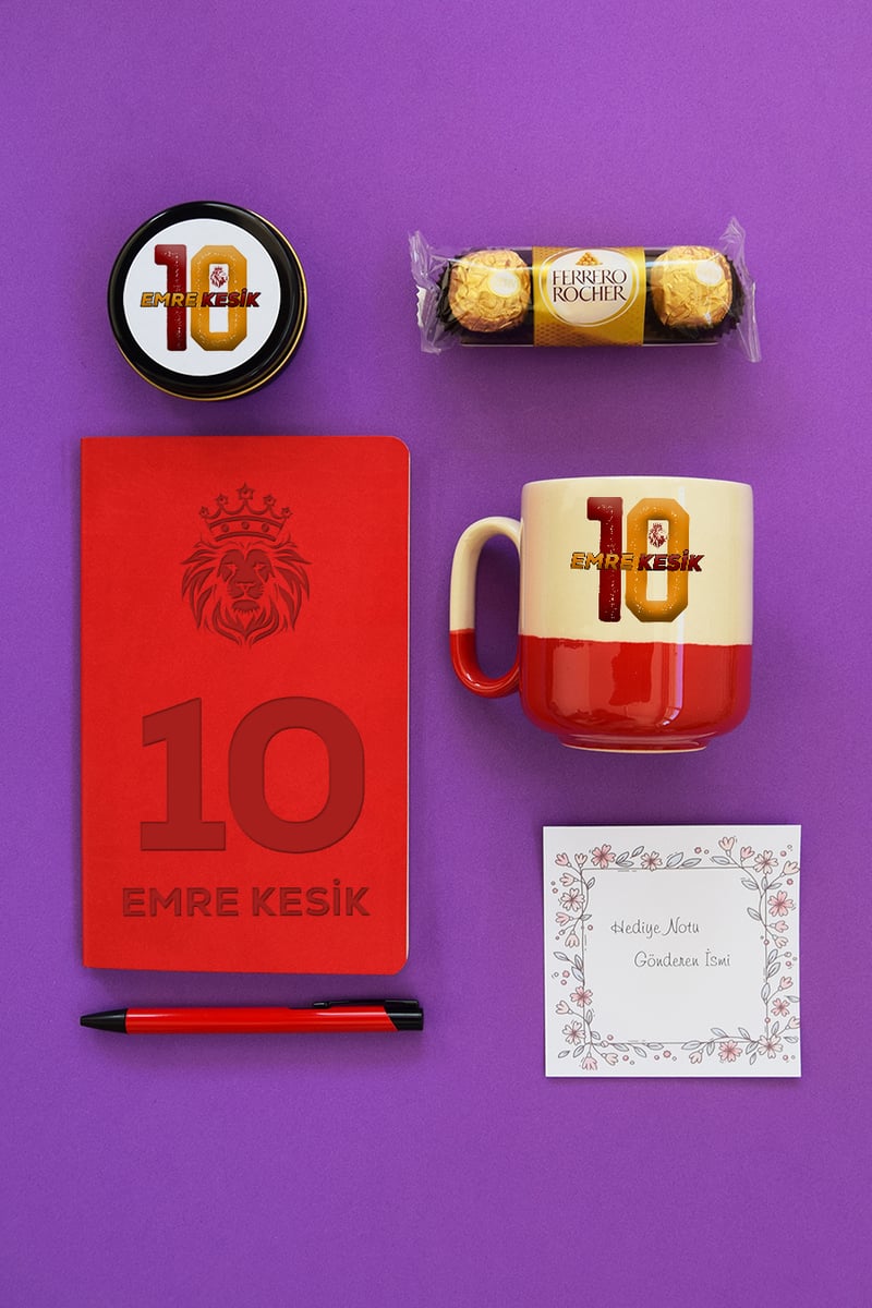 Sarı Kırmızı Taraftar Hediye Kutusu - Kişiye Özel Pro Kupa, Defter, Mum, Çikolata Ferrero Rocher 3'lü, Kalem
