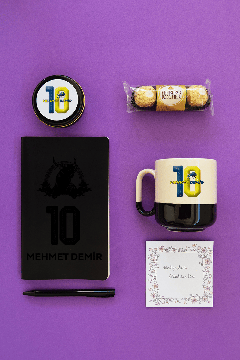 Sarı Lacivert Taraftar Hediye Kutusu - Kişiye Özel Pro Kupa, Defter, Mum, Çikolata Ferrero Rocher 3'lü, Kalem