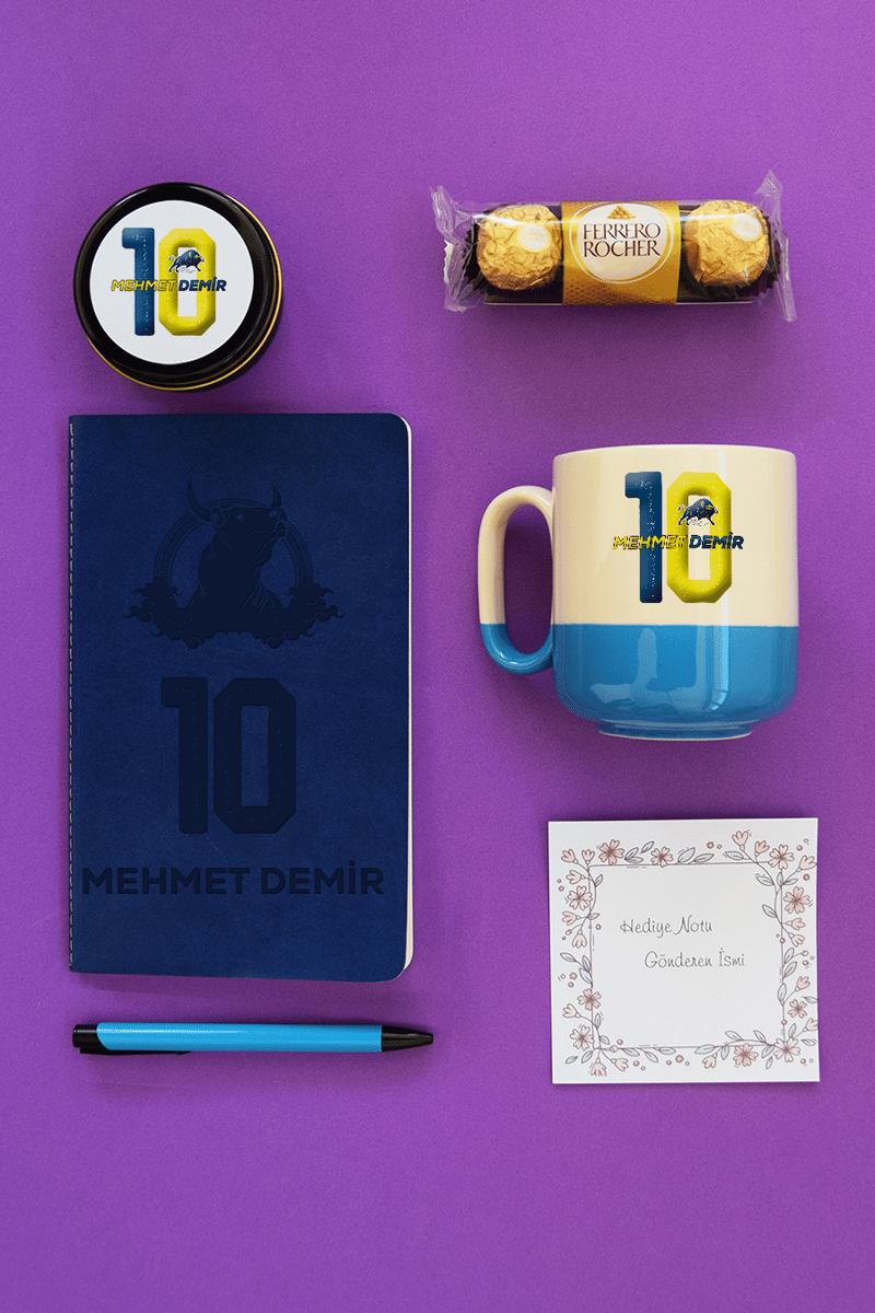 Sarı Lacivert Taraftar Hediye Kutusu - Kişiye Özel Pro Kupa, Defter, Mum, Çikolata Ferrero Rocher 3'lü, Kalem