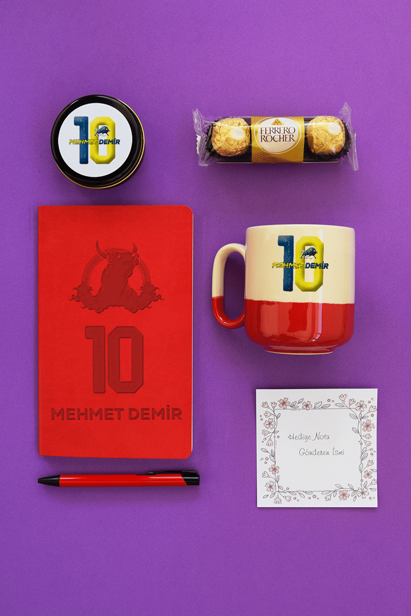 Sarı Lacivert Taraftar Hediye Kutusu - Kişiye Özel Pro Kupa, Defter, Mum, Çikolata Ferrero Rocher 3'lü, Kalem