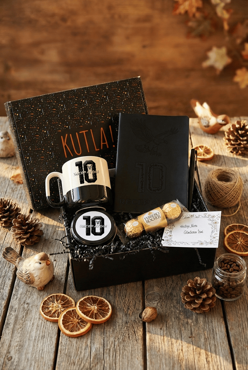 Siyah Beyaz Taraftar Hediye Kutusu - Kişiye Özel Pro Kupa, Defter, Mum, Çikolata Ferrero Rocher 3'lü, Kalem
