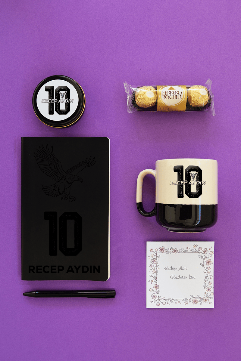 Siyah Beyaz Taraftar Hediye Kutusu - Kişiye Özel Pro Kupa, Defter, Mum, Çikolata Ferrero Rocher 3'lü, Kalem