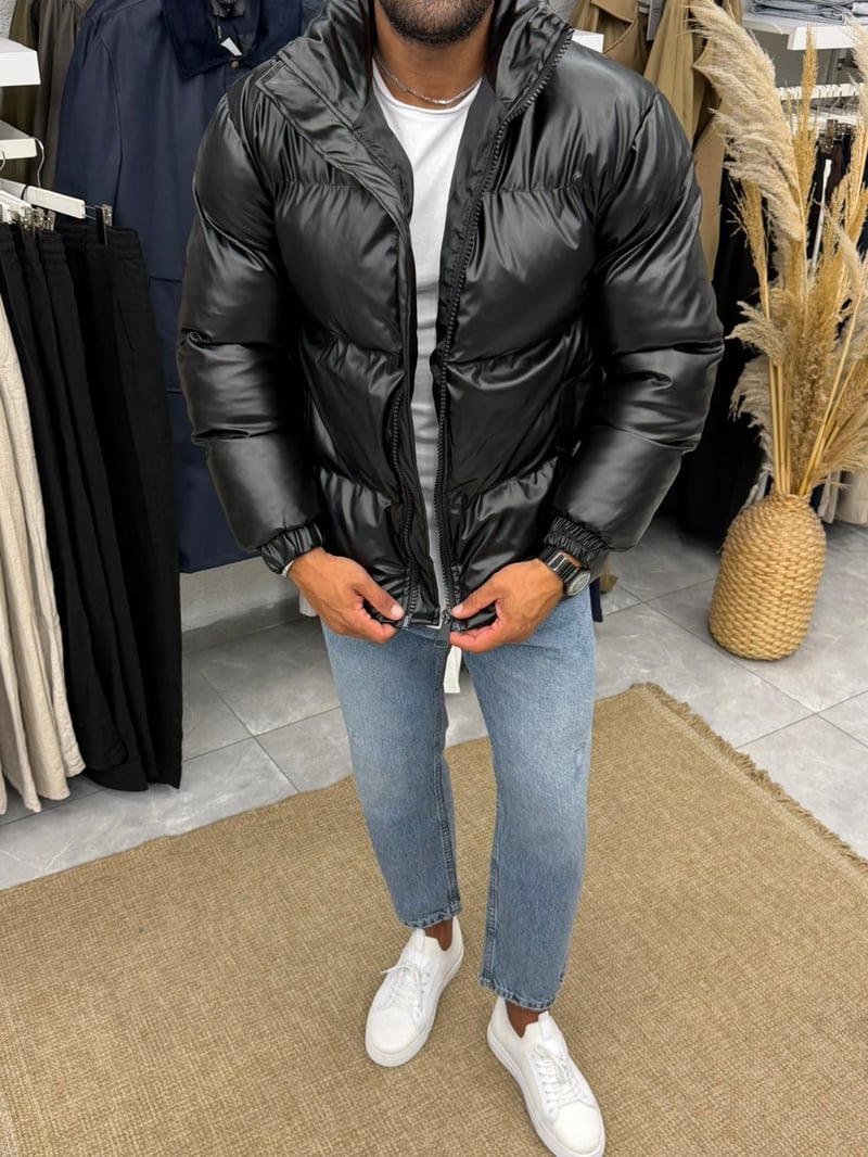 Deri Siyah Şisme Mont