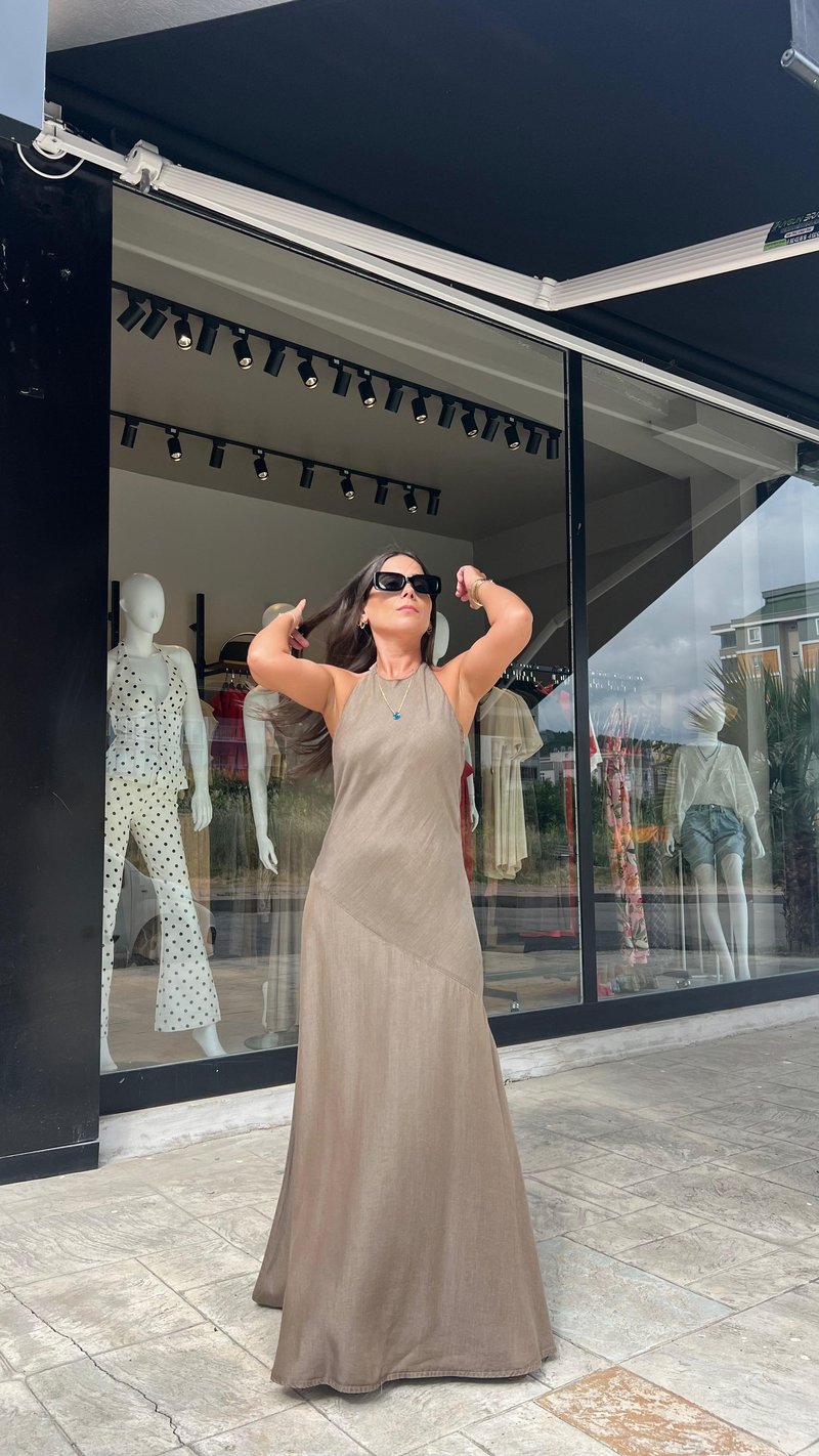 Boyun Çıtçıtlı Keten Maxi Elbise