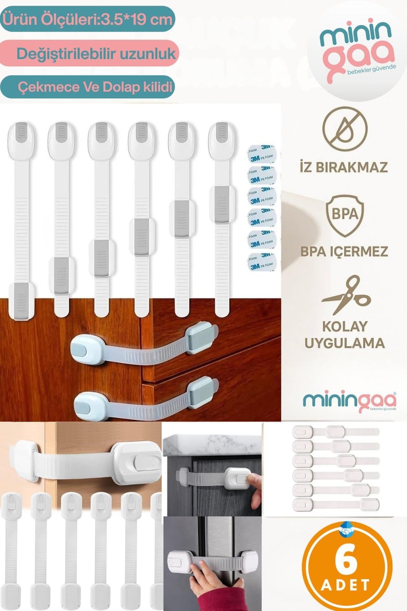 6 Adet Iz Bırakmaz Kolay Montaj Çocuk Bebek Koruma Mobilya Çekmece Dolap Güvenlik Kilidi