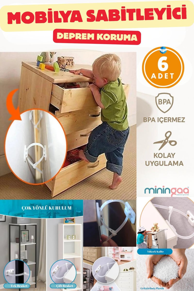 6 Adet Kolay Montaj Mobilya Dolap Raf Mobilya Sabitleyici Seti Bebek Mobilya Koruma Deprem Güvenlik