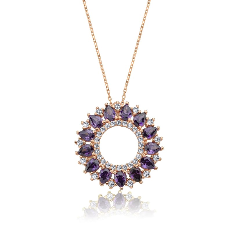 Ametist Taşlı Okyanus Güneşi Rosegold Gümüş Kolye