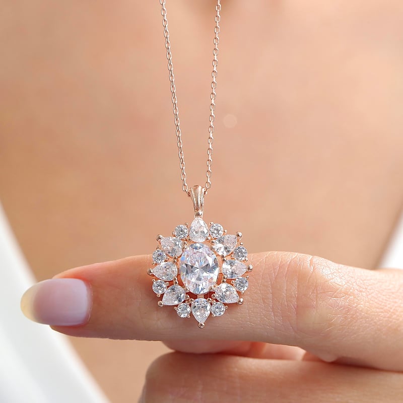 Effective Diamond Paris Işıltısı Rose Renk Işıltılı Gümüş Kolye