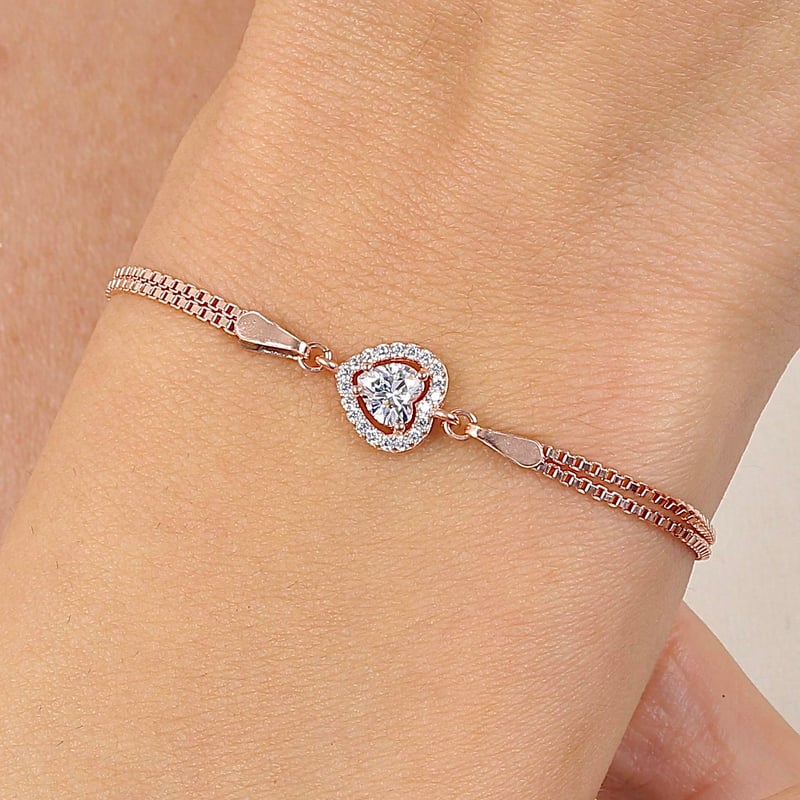 Neşeli Kalpler Beyaz Taşlı Rose Renk Gümüş Bileklik