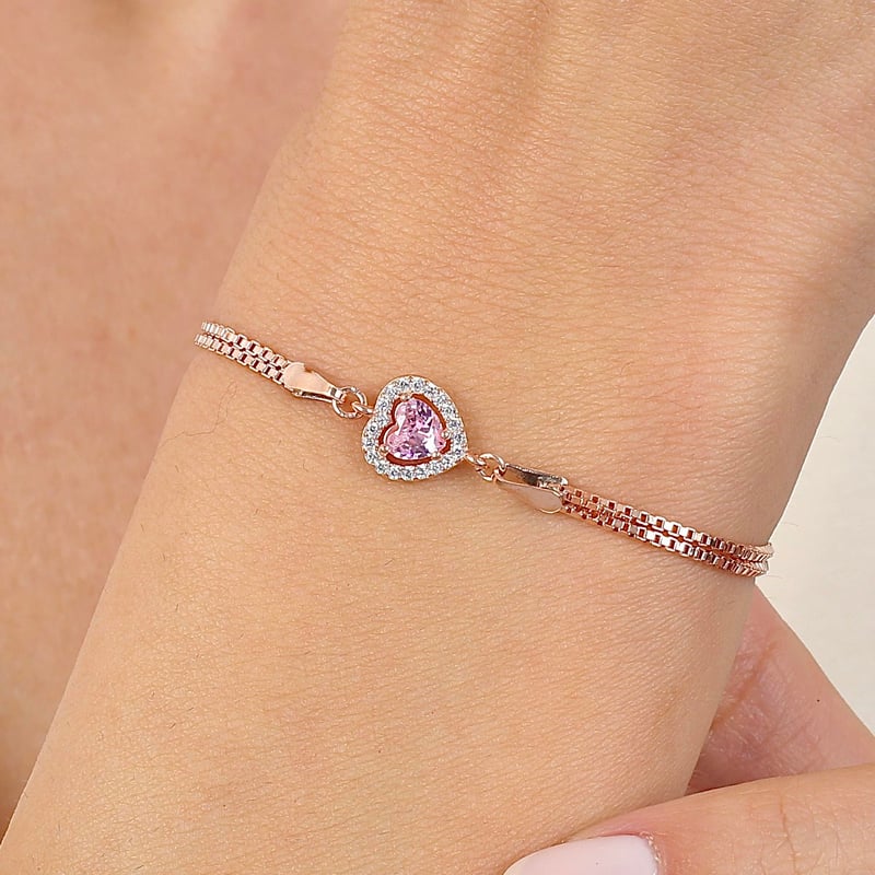 Neşeli Kalpler Pink Taşlı Rose Gold Gümüş Bileklik