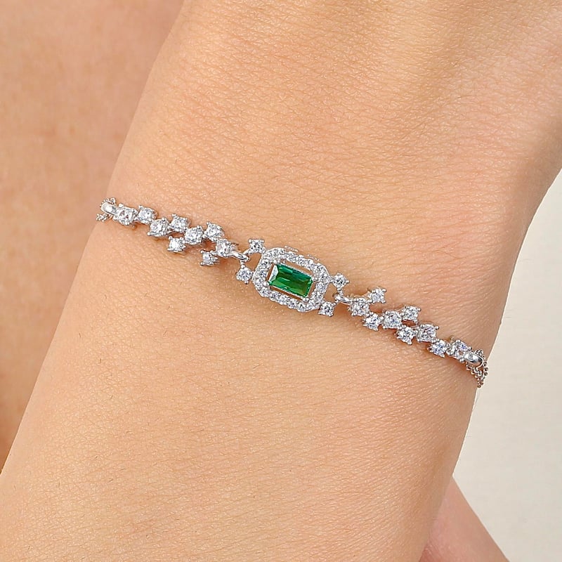 Pırlanta Montür Işıltılı Emerald Sentetik Zümrüt Gümüş Bileklik