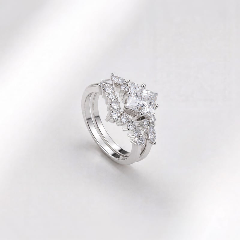 1.20 Karat Mozanit Prenses Kesim Yıldız Yağmuru İkili Set Gümüş Yüzük