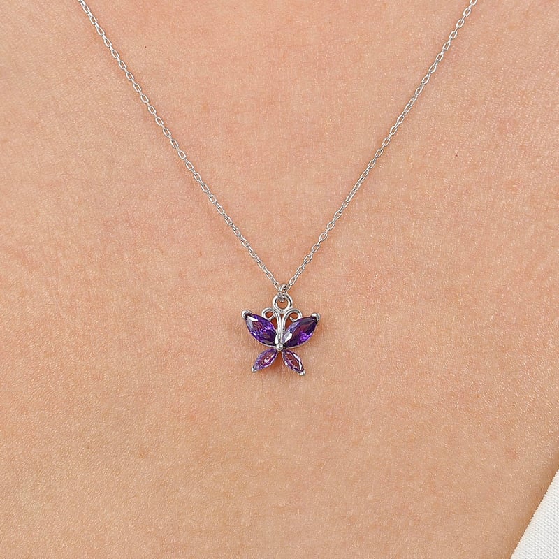 Ametist Taşlı Kelebek Dokunuşu Gümüş Kolye