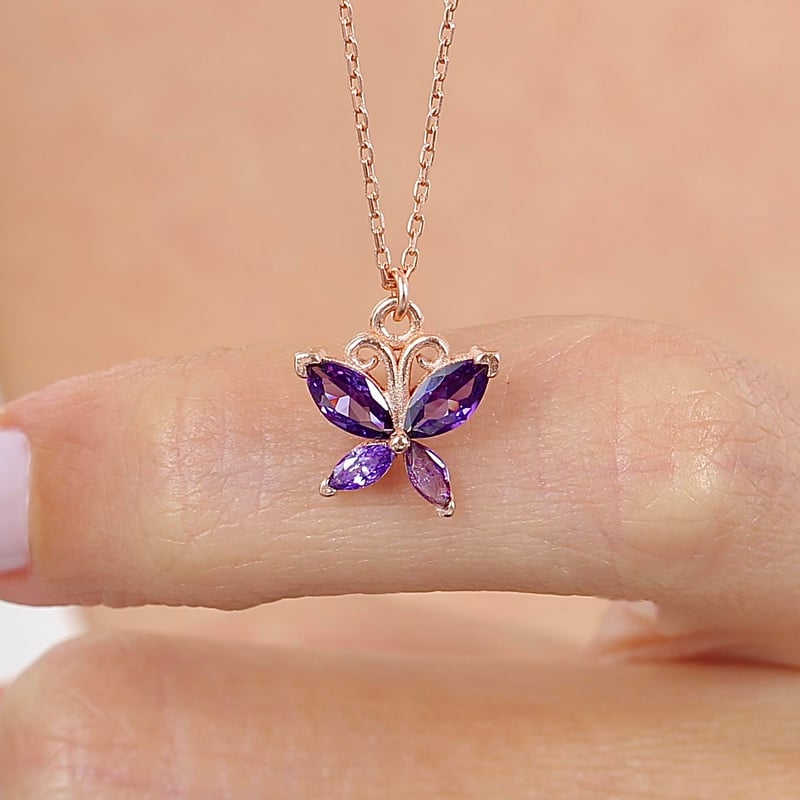 Ametist Taşlı Kelebek Dokunuşu Rosegold Gümüş Kolye