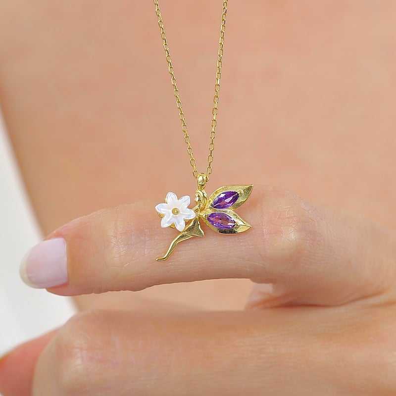 Ametist Taşlı Manolya Çiçeği Masumiyet Perisi Gold Renk Flowers Gümüş Kolye
