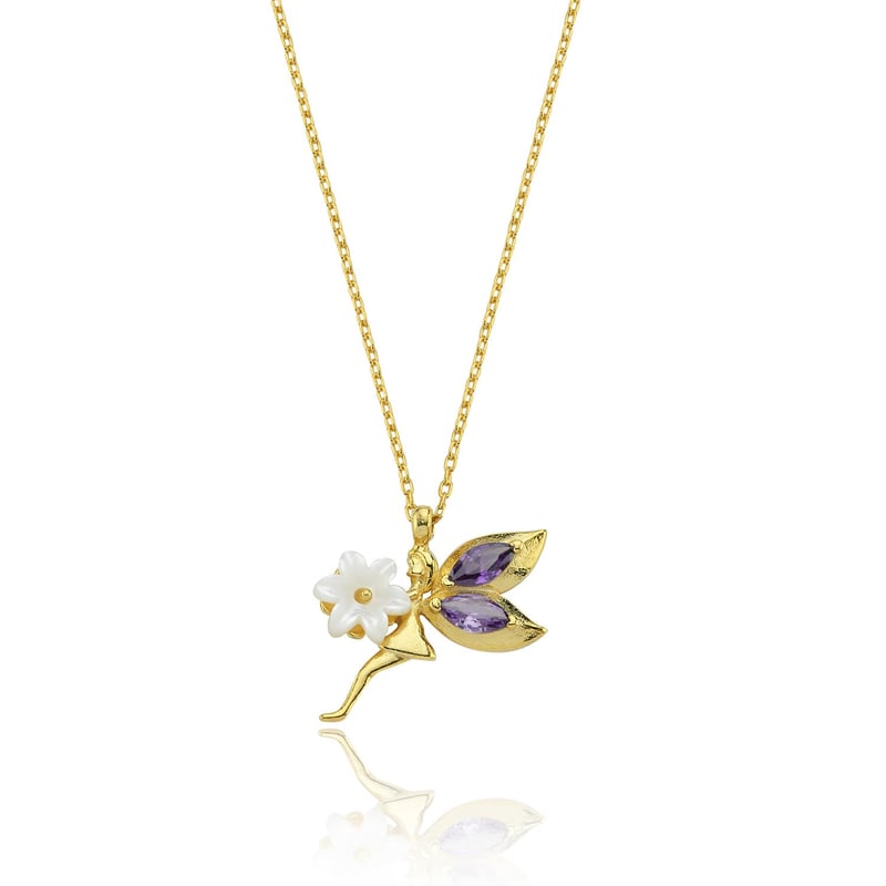 Ametist Taşlı Manolya Çiçeği Masumiyet Perisi Gold Renk Flowers Gümüş Kolye