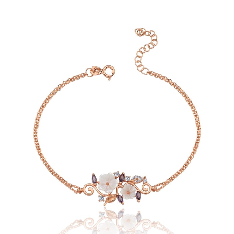 Ametist Taşlı Manolya Çiçeği Sevgi Bahçesi Rose Flowers Gümüş Bileklik