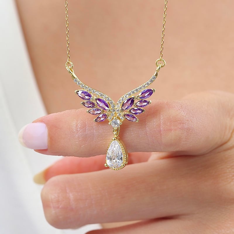 Ametist Taşlı Melek Masalı Gold Renk Gümüş Kolye