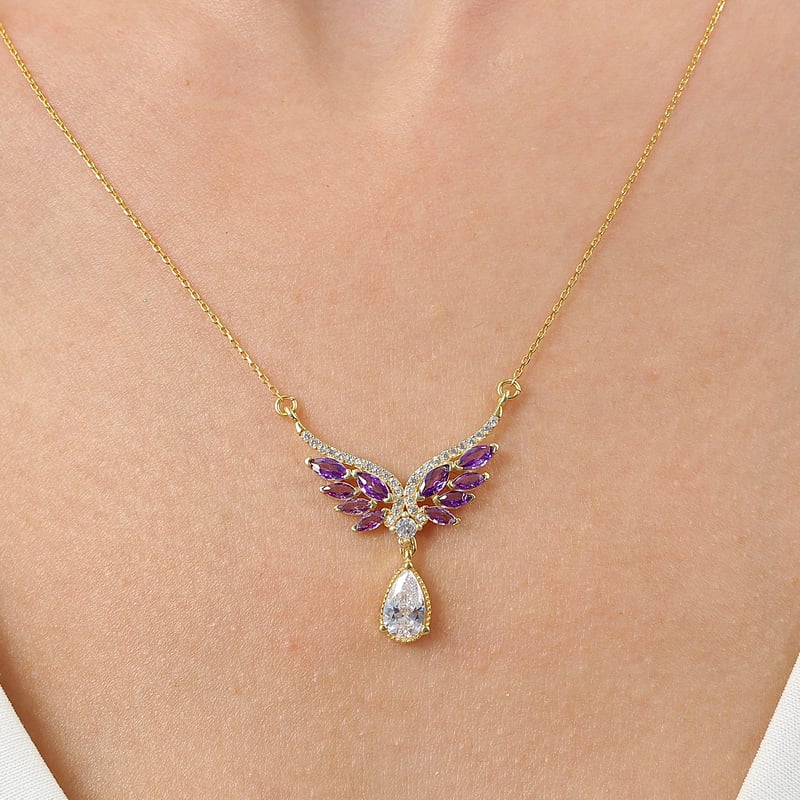 Ametist Taşlı Melek Masalı Gold Renk Gümüş Kolye