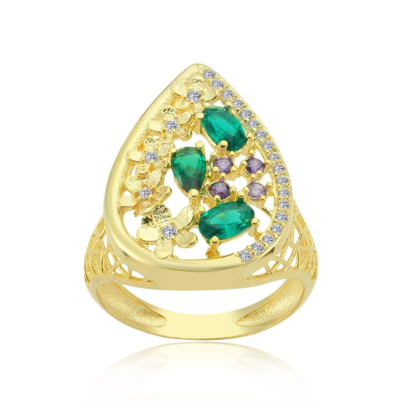 Damla Form Saray Bahçesi Gold Renk Gümüş Yüzük