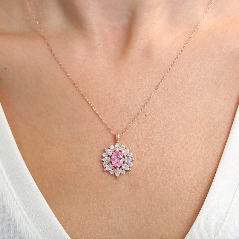 Effective Diamond Paris Işıltısı Rose Renk Pink Taşlı Gümüş Kolye