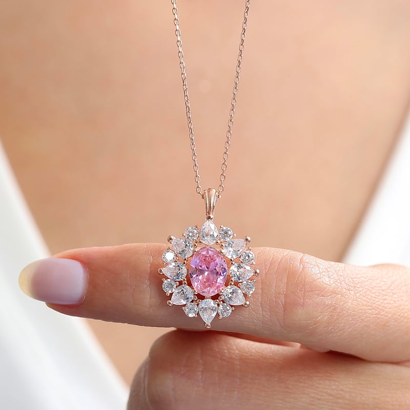 Effective Diamond Paris Işıltısı Rose Renk Pink Taşlı Gümüş Kolye