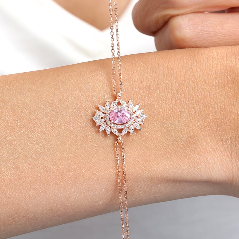 Effective Diamond Venedik Dansı Rose Renk Pink Taşlı Gümüş Bileklik