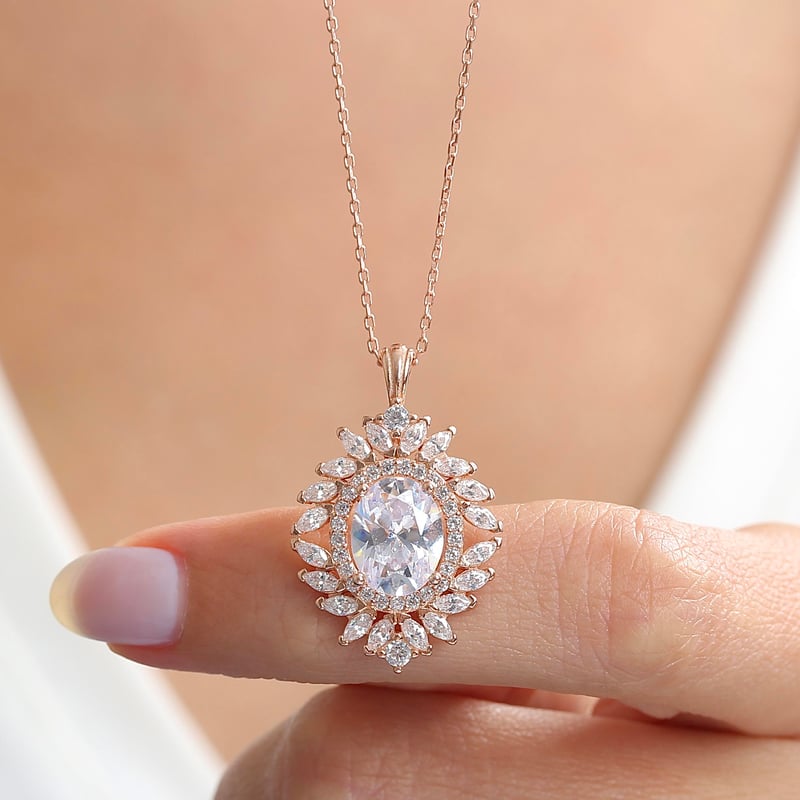 Effective Diamond Venedik Dansı Rose Renk Işıltılı Gümüş Kolye