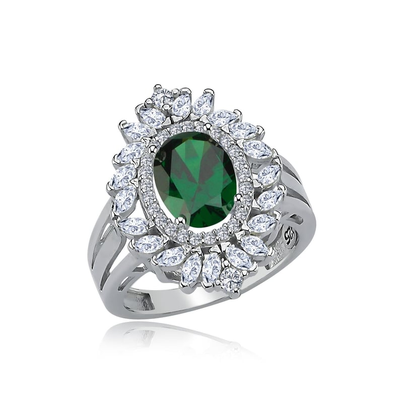 Effective Diamond Venedik Dansı Sentetik Zümrüt Taşlı Gümüş Yüzük