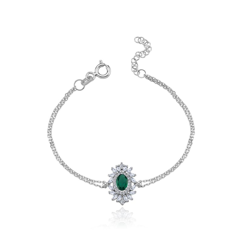 Effective Diamond Venedik Dansı Sentetik Zümrüt Taşlı Gümüş Bileklik