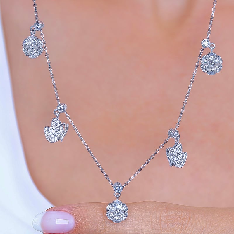 Gül ve Kelebek Choker Gümüş Şans Kolye