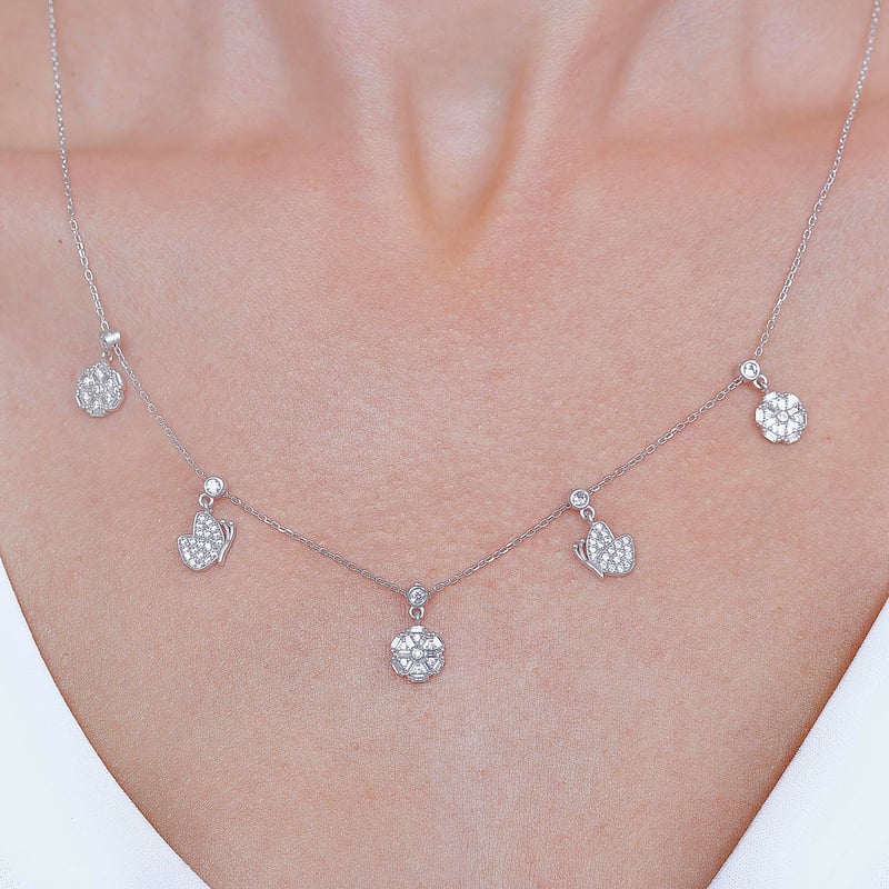 Gül ve Kelebek Choker Gümüş Şans Kolye