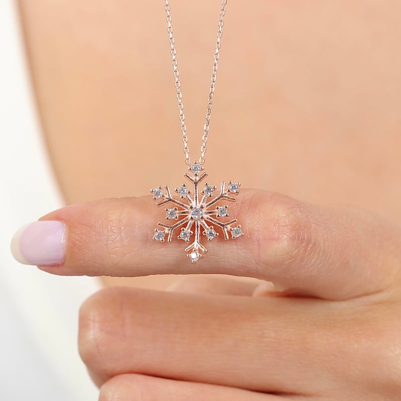 Huzur Kristali Rosegold Gümüş Kar Tanesi Kolye