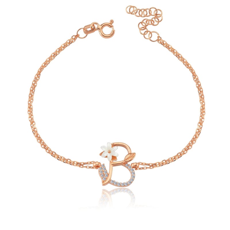 Işıltılı Manolya Çiçeği B Harfi Rose Renk Gümüş Harfli Bileklik