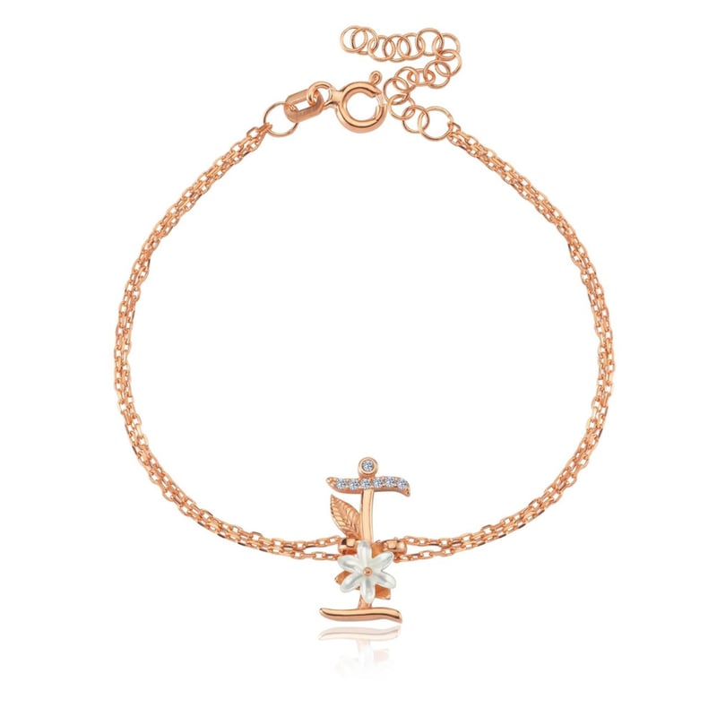 Işıltılı Manolya Çiçeği İ Harfi Rose Renk Gümüş Harfli Bileklik