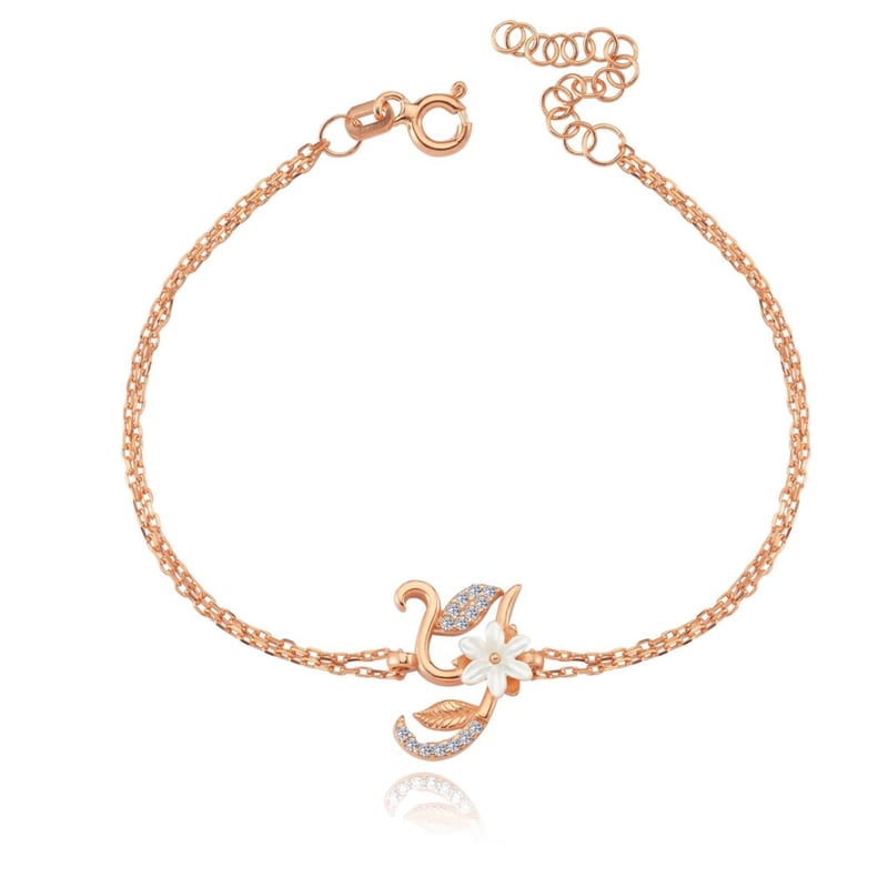 Işıltılı Manolya Çiçeği Y Harfi Rose Renk Gümüş Harfli Bileklik